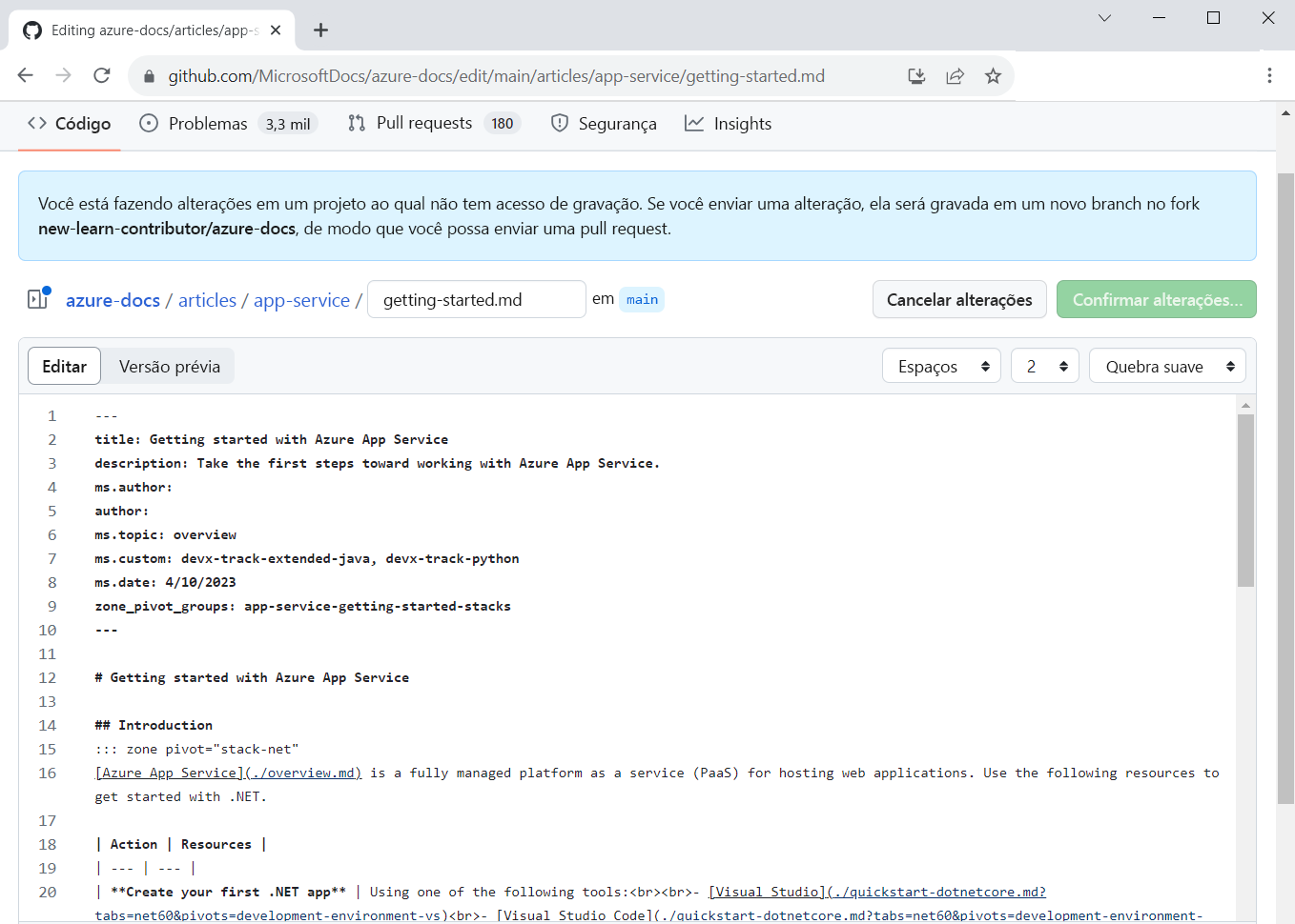 Screenshot of a browser with a documentation article written in Markdown syntax, which can be edited in the Edit pane.