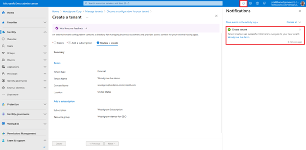 Captura de tela do painel Notificações aberto à direita com o log de atividades mais recente intitulado Criar locatário confirmando que a criação do locatário foi bem-sucedida.