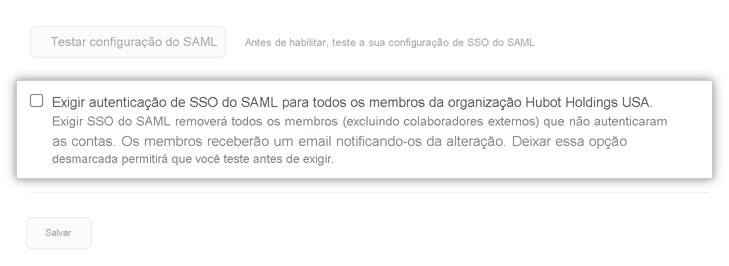 Captura de tela da configuração para exigir autenticação SSO para todos os membros de uma organização.