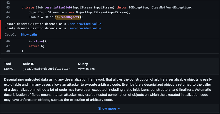 Captura de tela que mostra alertas de análise do CodeQL.