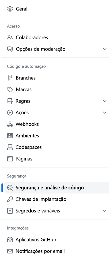 captura de tela do botão Segurança e análise de código.