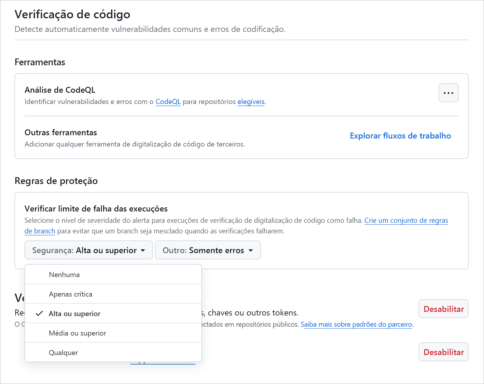 captura de tela do menu suspenso de severidade do alerta de verificação de código.