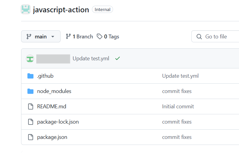 Captura de tela da estrutura do repositório raiz mostrando uma ação JavaScript.