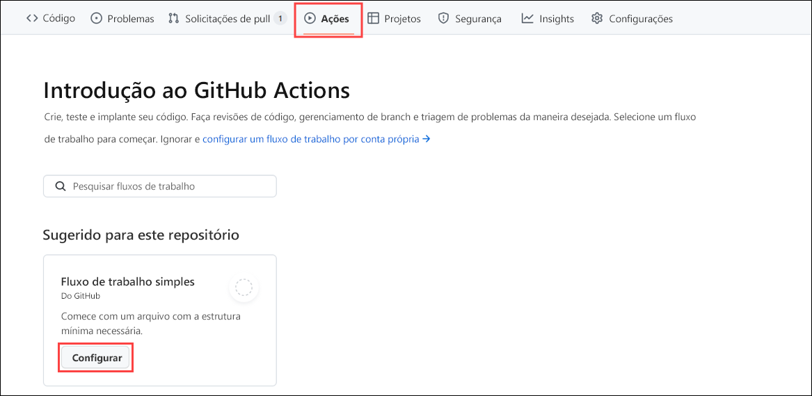 Screenshot of the *Actions tab* in GitHub Actions displaying a simple workflow and a button to set up this workflow.