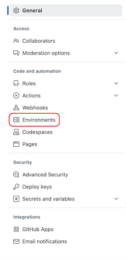 Captura de tela de um menu Configurações em Geral com seções para Access, Code e automação, Segurança e Integrações. A opção Ambientes está realçada.
