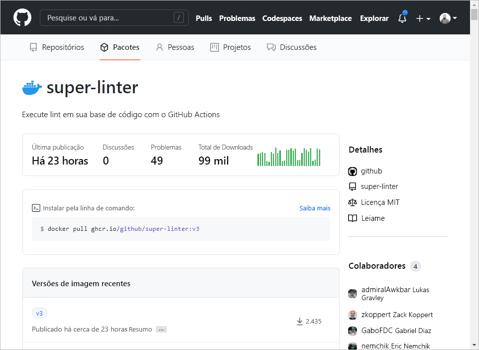 GitHub container image page, with image versions listing, statistics and instructions about how to install it.