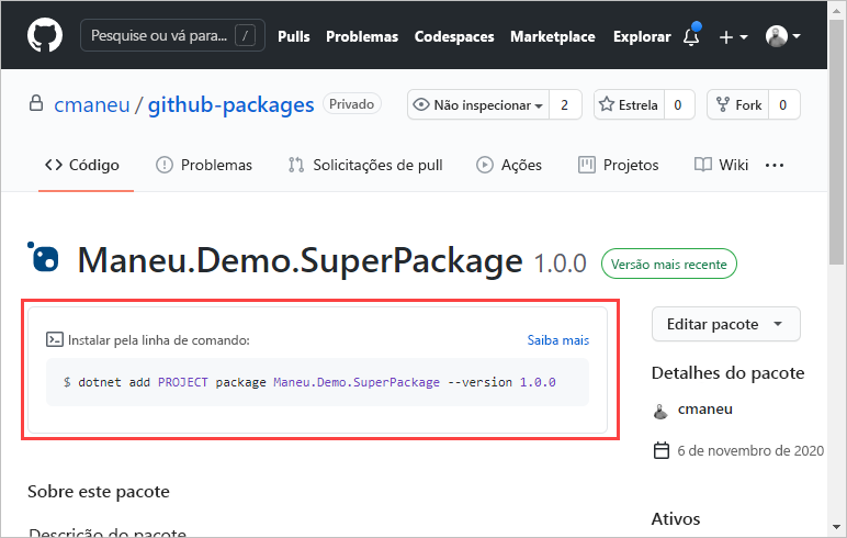 Uma página de pacote exibe informações sobre como instalá-lo em seu projeto, dependendo do ambiente.