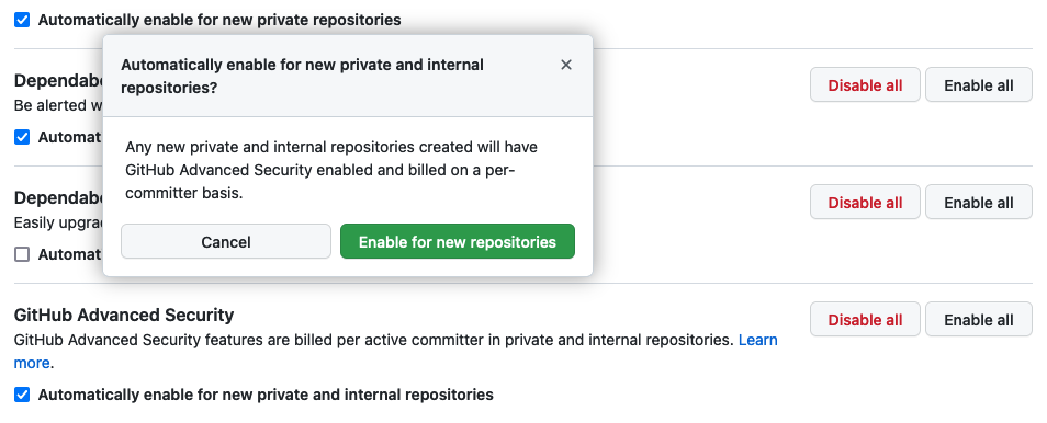 Captura de tela da tela para examinar o efeito de habilitar a Segurança Avançada em todos os novos repositórios privados e internos.