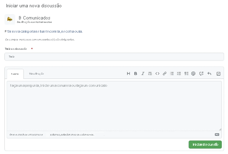 A screenshot of starting a new discussion page with the Discussion title box and content box empty.