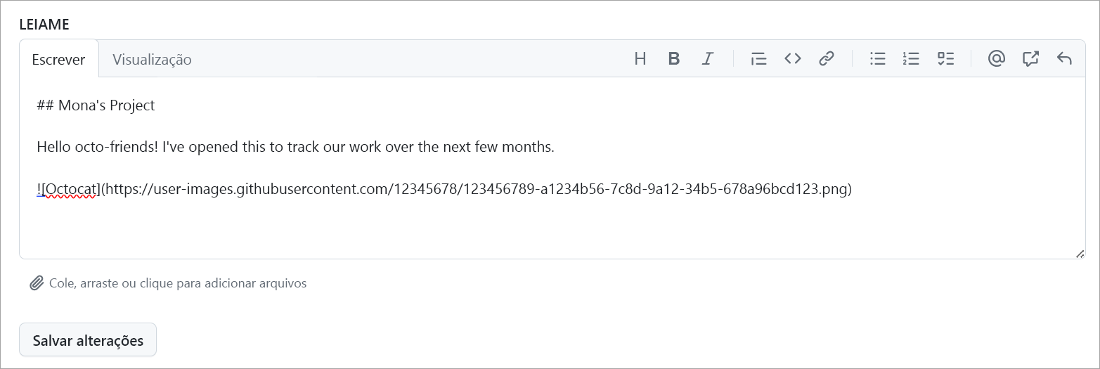 Captura de tela de um arquivo README do projeto destacado com texto de exemplo que descreve o projeto do usuário.