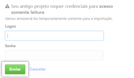 Captura de tela do local para inserir as credenciais do repositório antigo no importador.