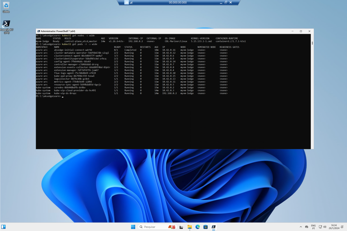 Screenshot of Windows VM with PowerShell commands output demonstrating a successful deployment of AKS Edge Essentials.