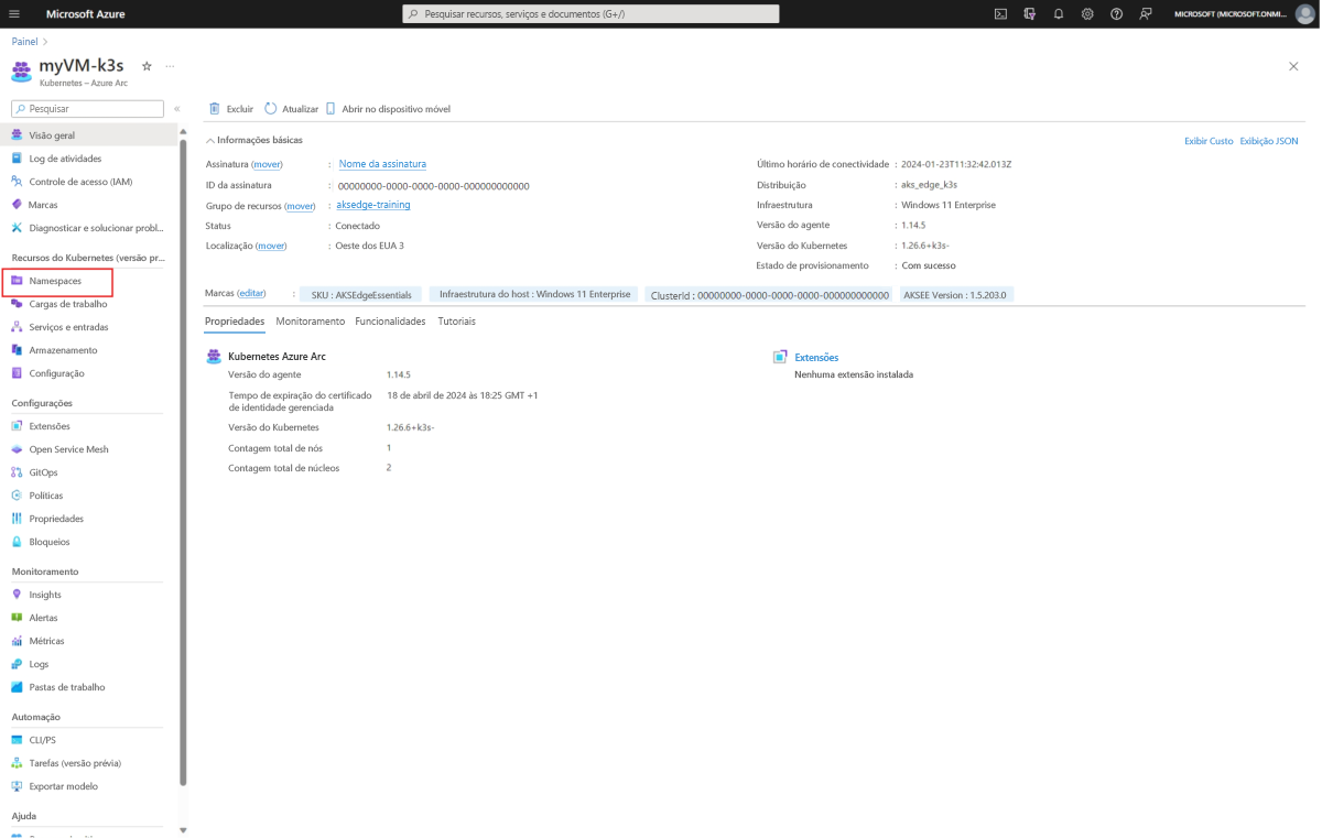 Screenshot of AKS Edge Essentials Kubernetes Azure Arc resource in Azure portal with namespaces highlight.