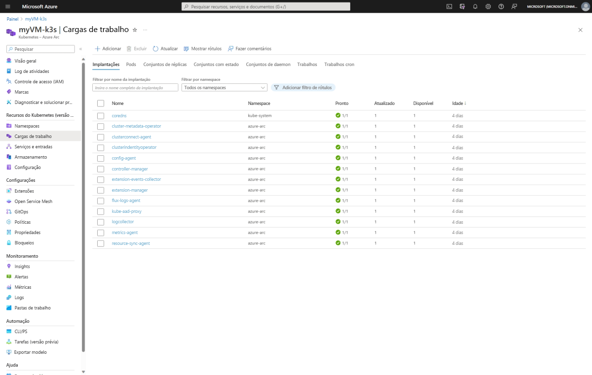 Screenshot of AKS Edge Essentials Kubernetes Azure Arc workloads in Azure portal.