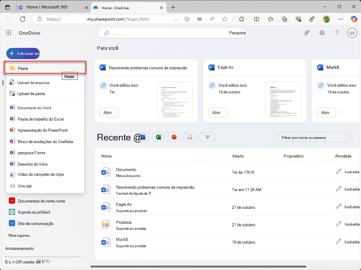 Captura de ecrã do Microsoft Edge a mostrar o OneDrive. O menu Adicionar novo está expandido. A opção de menu Pasta está realçada.