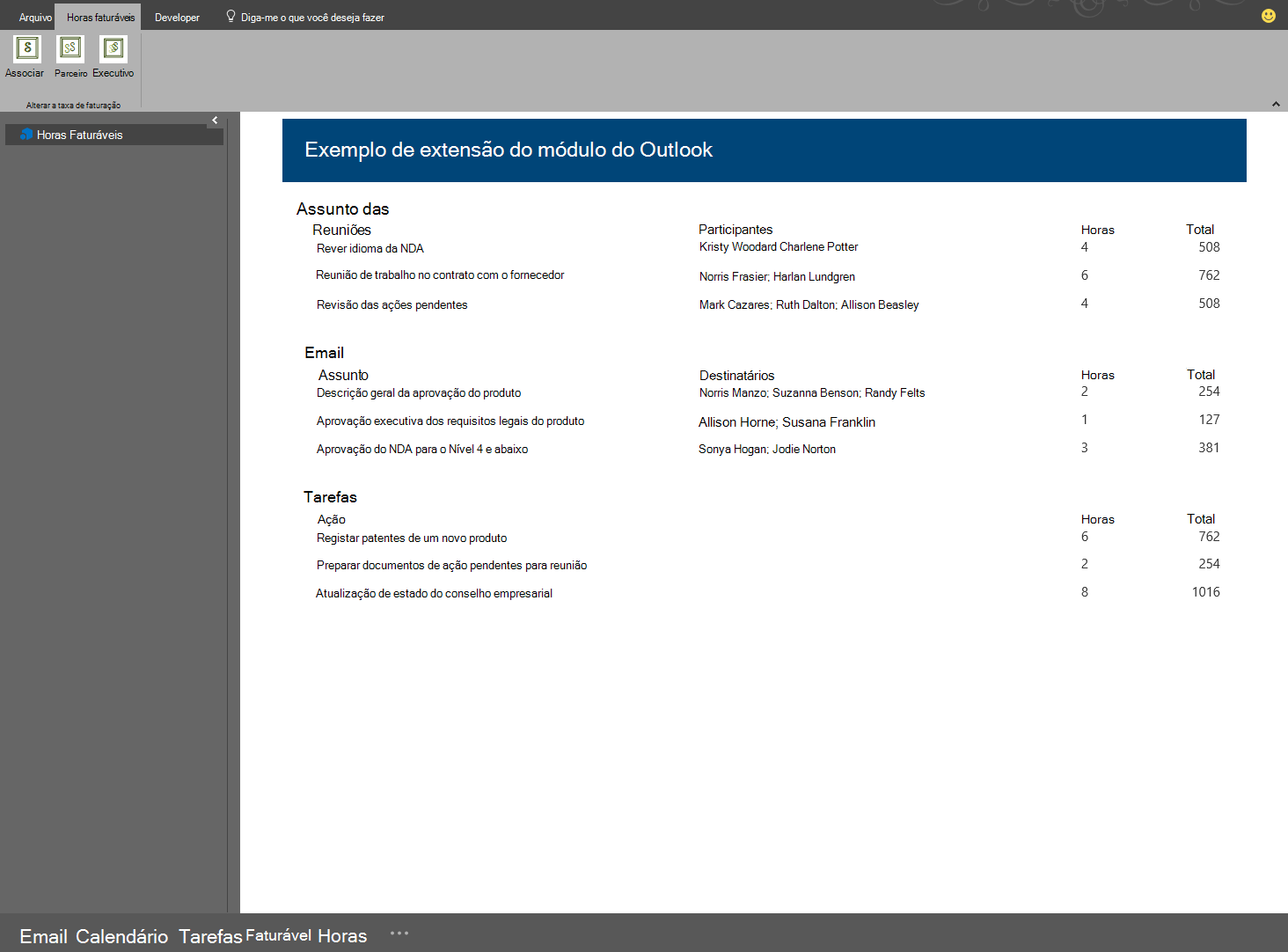 Captura de tela do exemplo de suplemento de módulo no Outlook no Windows.