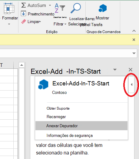 Captura de tela do menu de personalidade exibindo o item **Anexar Depurador** no Excel no Windows.