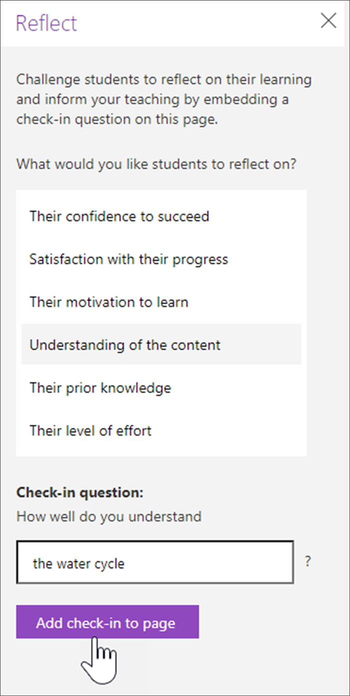 Captura de tela do painel de seleção de perguntas para Reflect no Caderno do OneNote.