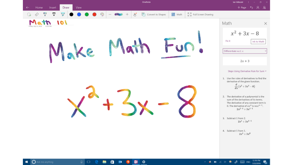 Um gráfico contendo as seguintes palavras: Matemática 101 Faça Matemática Divertida! Corrija-a Tinta para Matemática Diferencie w.r.t. x 2x + 3 passos usando regra derivada para soma 1. Use as regras dos derivativos para encontrar a derivada da função dada. X - + 3x - 8 d dx (x2 + 3x] -8) 2. A derivada de um polinômial é a soma dos derivados de seus termos. A derivada de qualquer termo constante é 0.