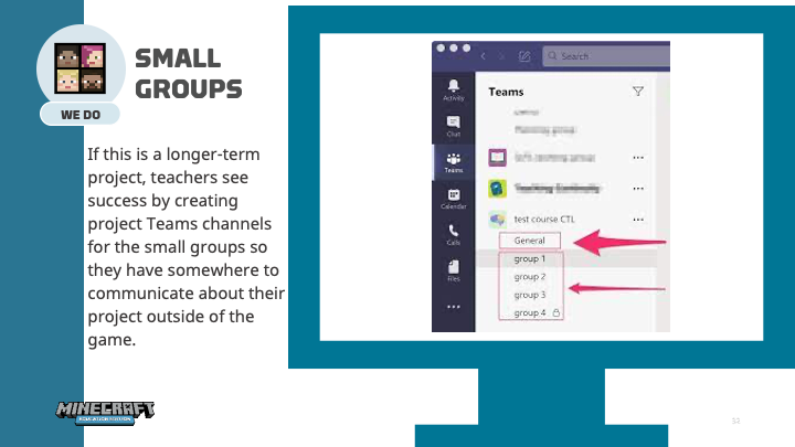 Ilustração com uma captura de tela mostrando grupos de alunos pré-definidos no Microsoft Teams.