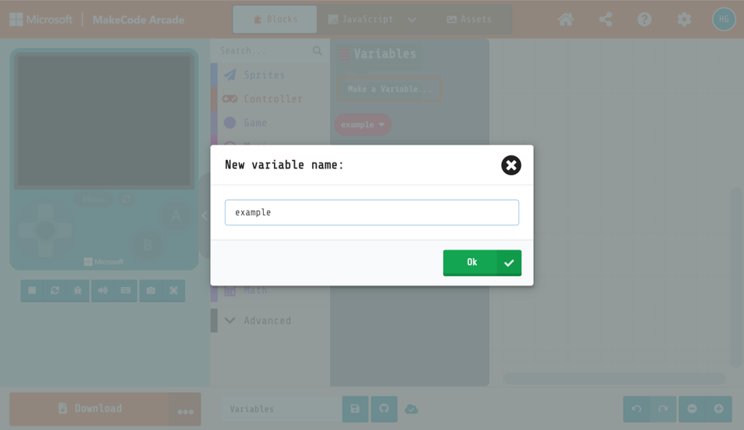 Captura de ecrã a mostrar a nova janela de nome de variável no MakeCode Arcade a atribuir um nome à variável " example."
