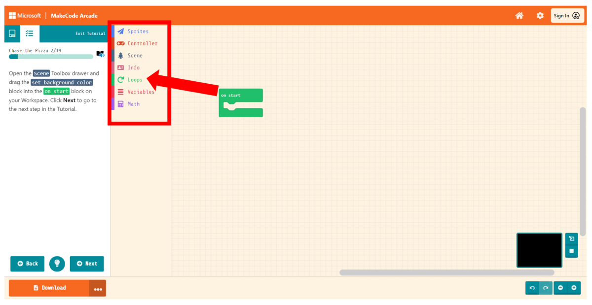 Captura de tela dos blocos MakeCode na gaveta da caixa de ferramentas.