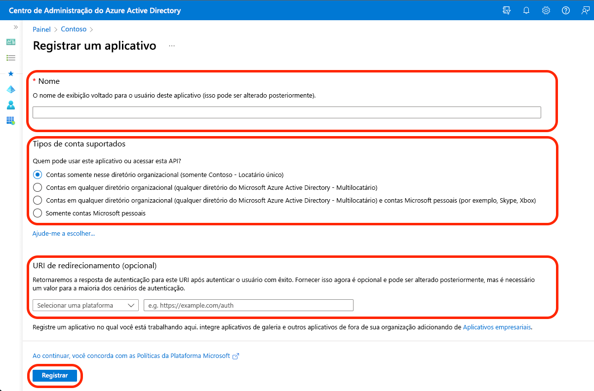 Captura de tela mostrando como registrar o aplicativo para Microsoft Entra ID.
