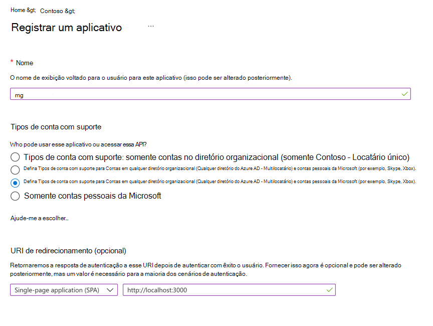 Captura de ecrã que mostra o registo da sua aplicação no Microsoft Entra ID.