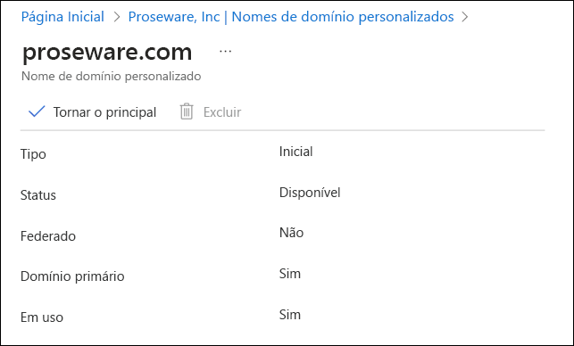 Screenshot of the information about the proseware.com domain with a checkmark next to Mark primary option.