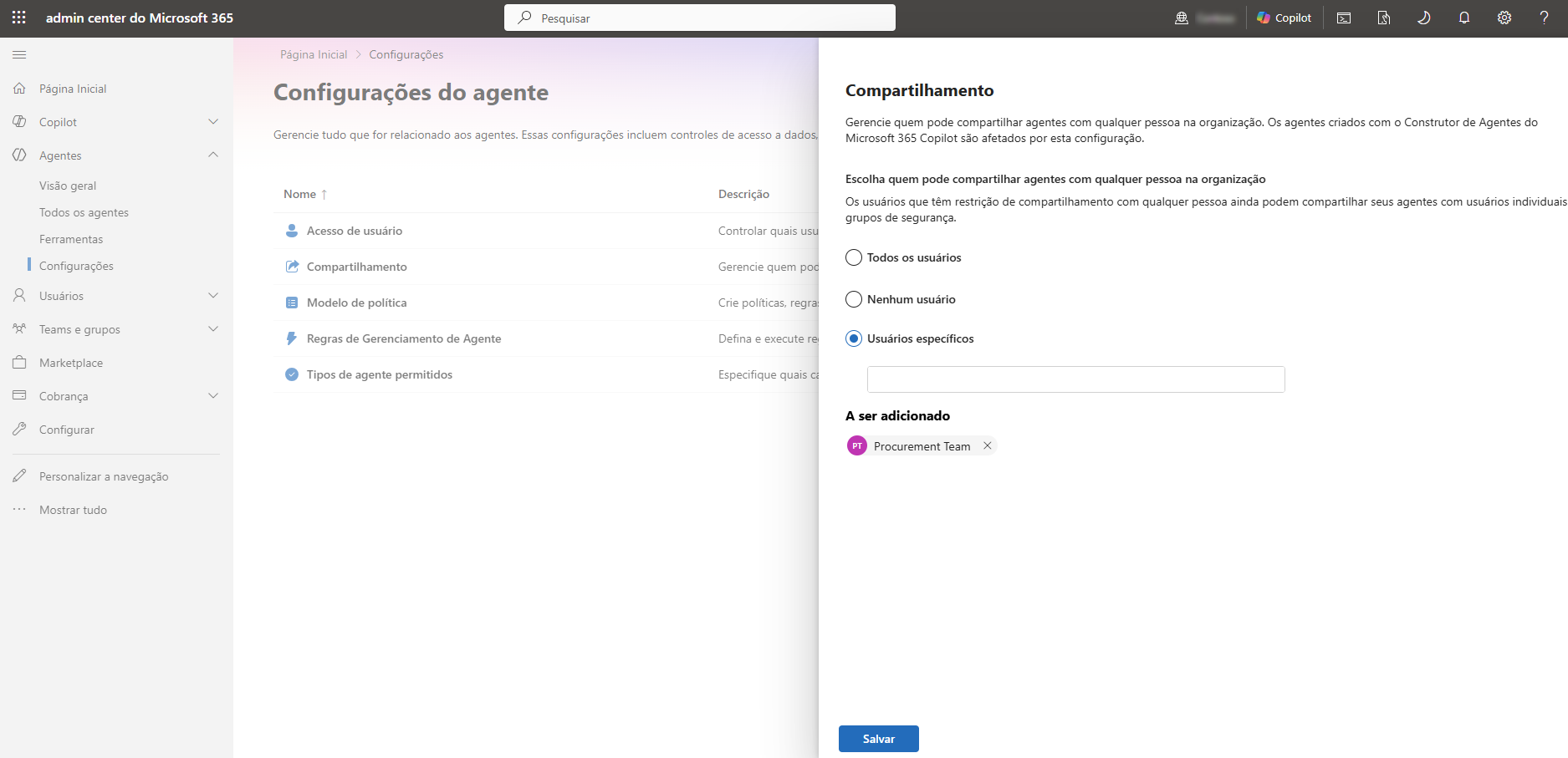 Screenshot of the Agent Sharing page with settings applied.