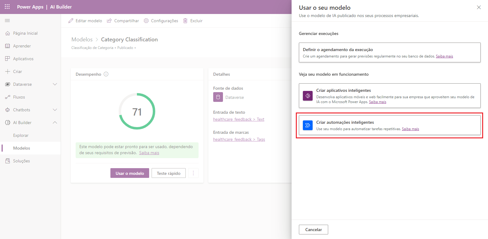 Captura de tela do modelo de Classificação de Categoria, mostrando um painel direito com opções para usar o modelo e realce na opção Criar automações inteligentes.