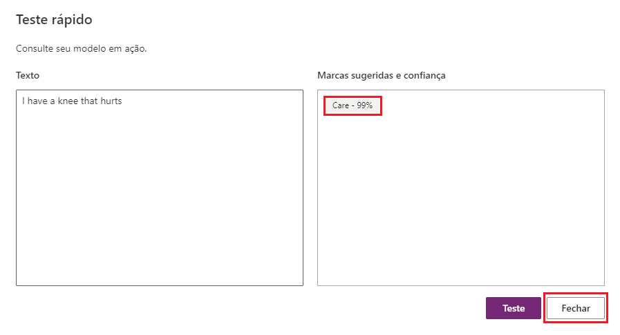 Captura de tela da janela pop-up Teste rápido com o seguinte texto: Meu joelho está doendo. Realce na seção Marcas sugeridas e confiança mostrando Cuidado em 70 por cento. A opção Fechar está realçada.