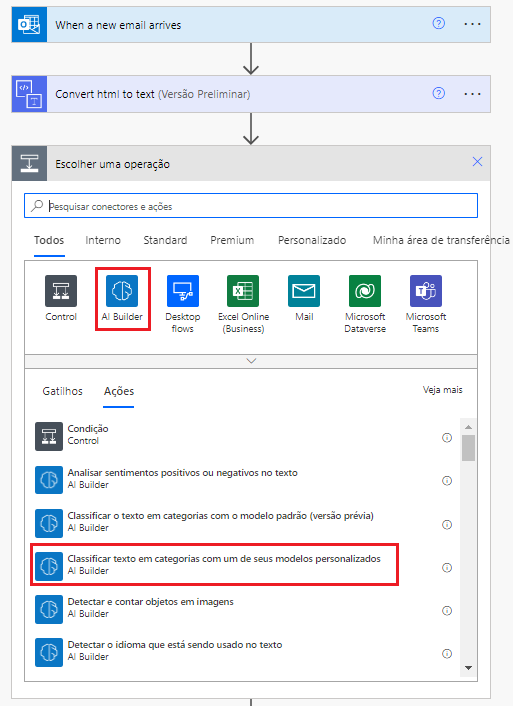 Captura de tela do fluxo selecionado no Power Automate Studio com realce no conector do AI Builder e o texto Classificar em categorias com uma de suas ações de modelos personalizados.