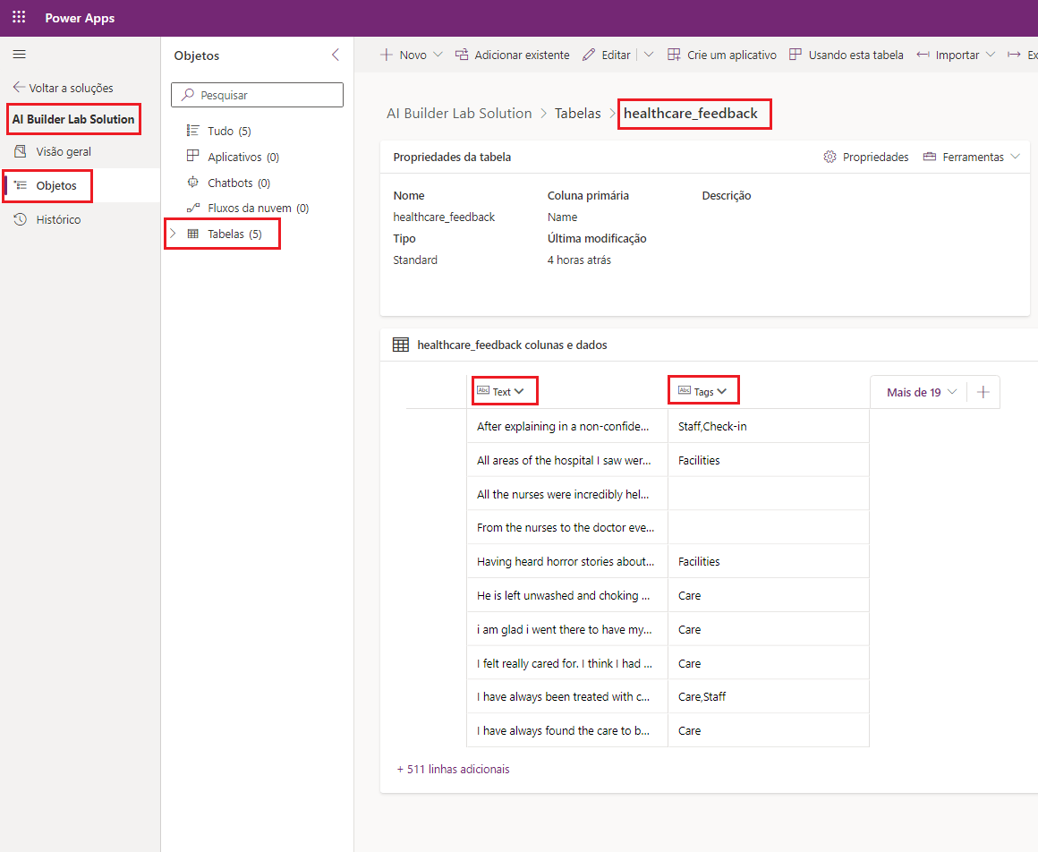 Captura de tela da tabela de comentários de serviços de saúde no Microsoft Power Apps Studio com realces nas colunas de texto e marcas.