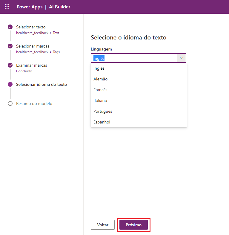 Captura de tela do modelo de Classificação de Categoria no Power Apps Studio com uma lista suspensa de idiomas em que Inglês está selecionado e com realce em Avançar.