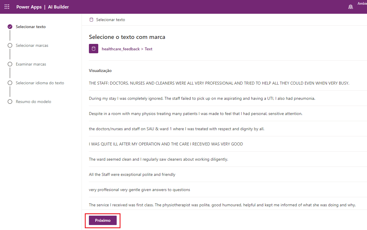 Captura de tela do modelo Classificação de Categoria no Power Apps Studio com uma lista de registros para a coluna de texto selecionada com realce em Avançar.