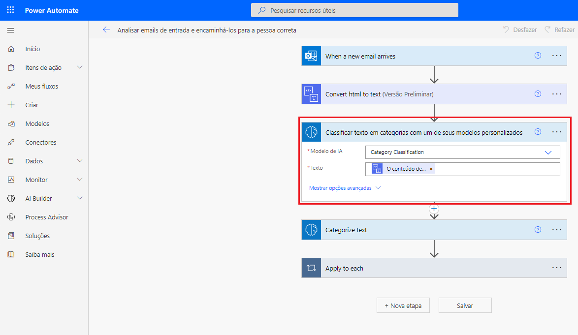 Captura de tela do fluxo selecionado no Power Automate Studio com realce na ação recém-adicionada.