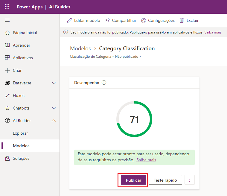 Captura de tela do modelo de Classificação de Categoria no Power Apps Studio com o indicador de desempenho e realce em Publicar.