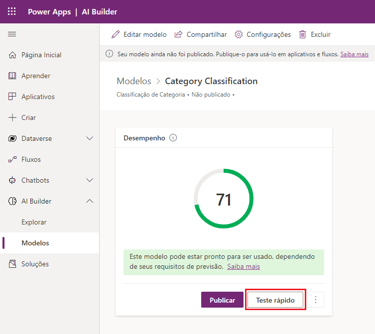 Captura de tela do modelo de Classificação de Categoria no Power Apps Studio com indicador de desempenho e realce em Teste rápido.