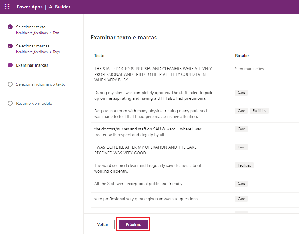 Captura de tela do modelo de Classificação de Categoria no Power Apps Studio, mostrando uma lista de registros com o texto e as marcas com realce em Avançar.