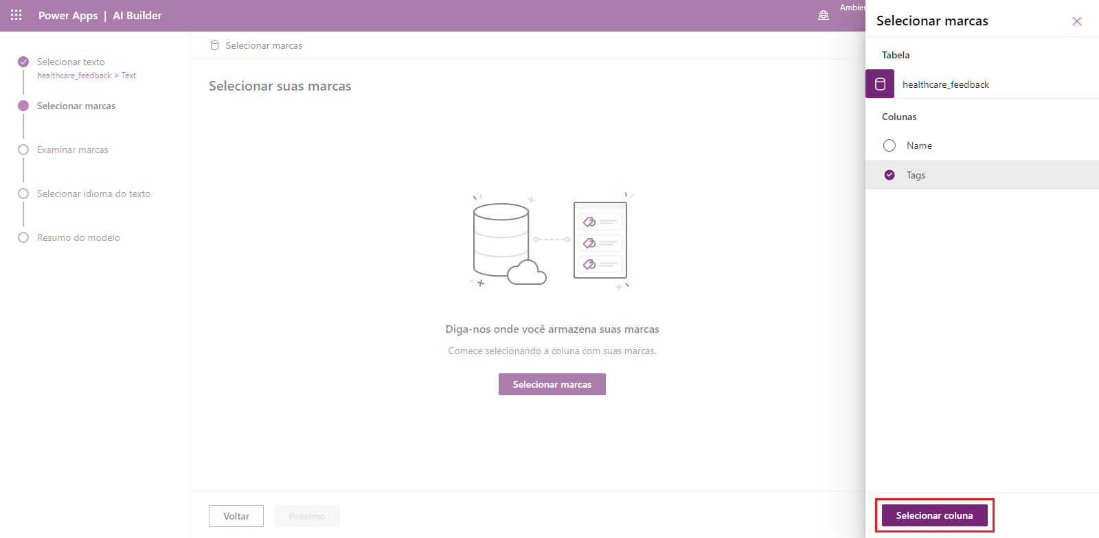 Captura de tela do modelo de Classificação de Categoria no Power Apps Studio com um painel à direita para selecionar a coluna Marcas.