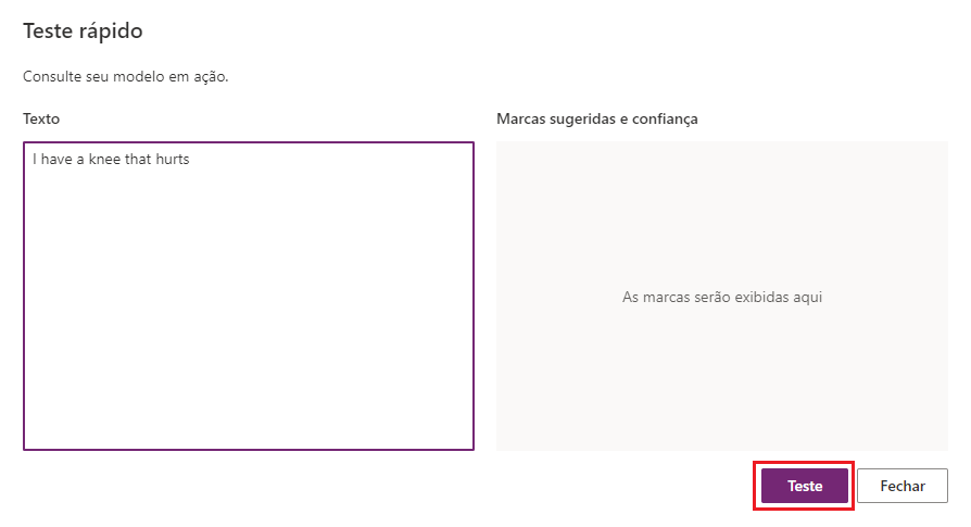 Captura de tela da janela pop-up Teste rápido com o seguinte texto: Meu joelho está doendo. A opção Teste está realçada.