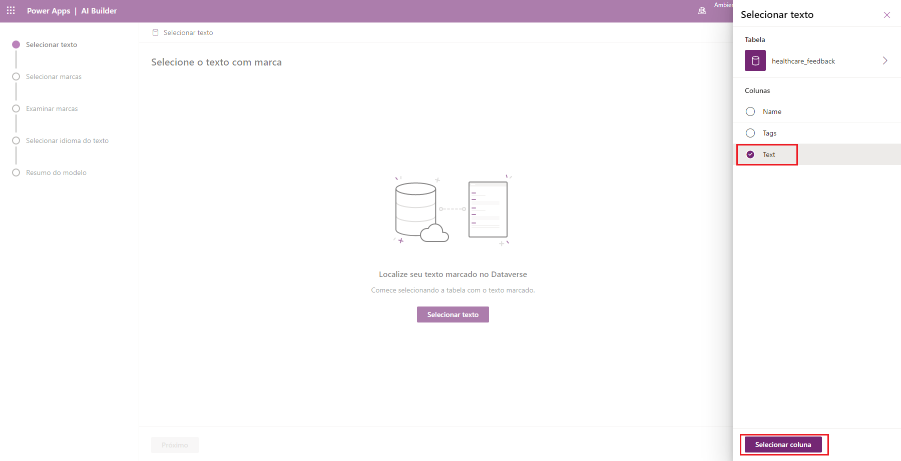 Captura de tela do modelo de Classificação de Categoria no Power Apps Studio com um painel à direita para selecionar a coluna Texto.
