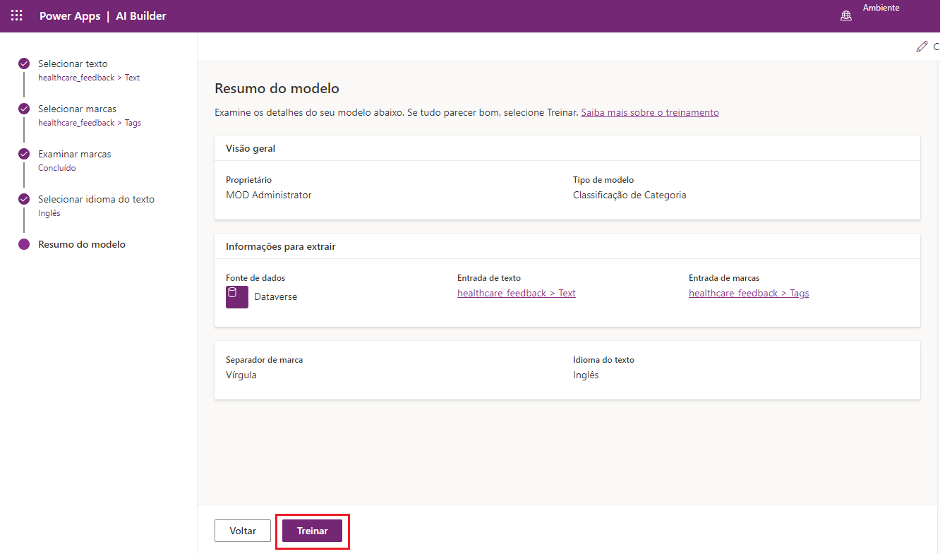 Captura de tela do modelo de Classificação de Categoria no Power Apps Studio com informações de Resumo do modelo e realce em Avançar.