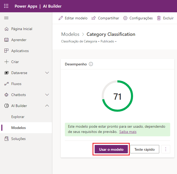 Captura de tela do modelo de Classificação de categoria no Power Apps Studio com um indicador de desempenho e realce em Usar modelo.