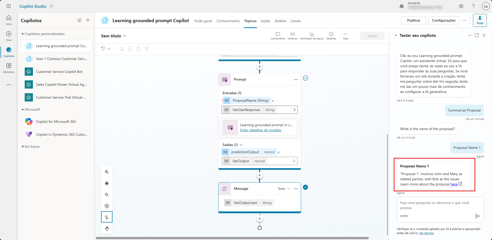 Captura de tela da conversa na seção Testar seu copiloto.