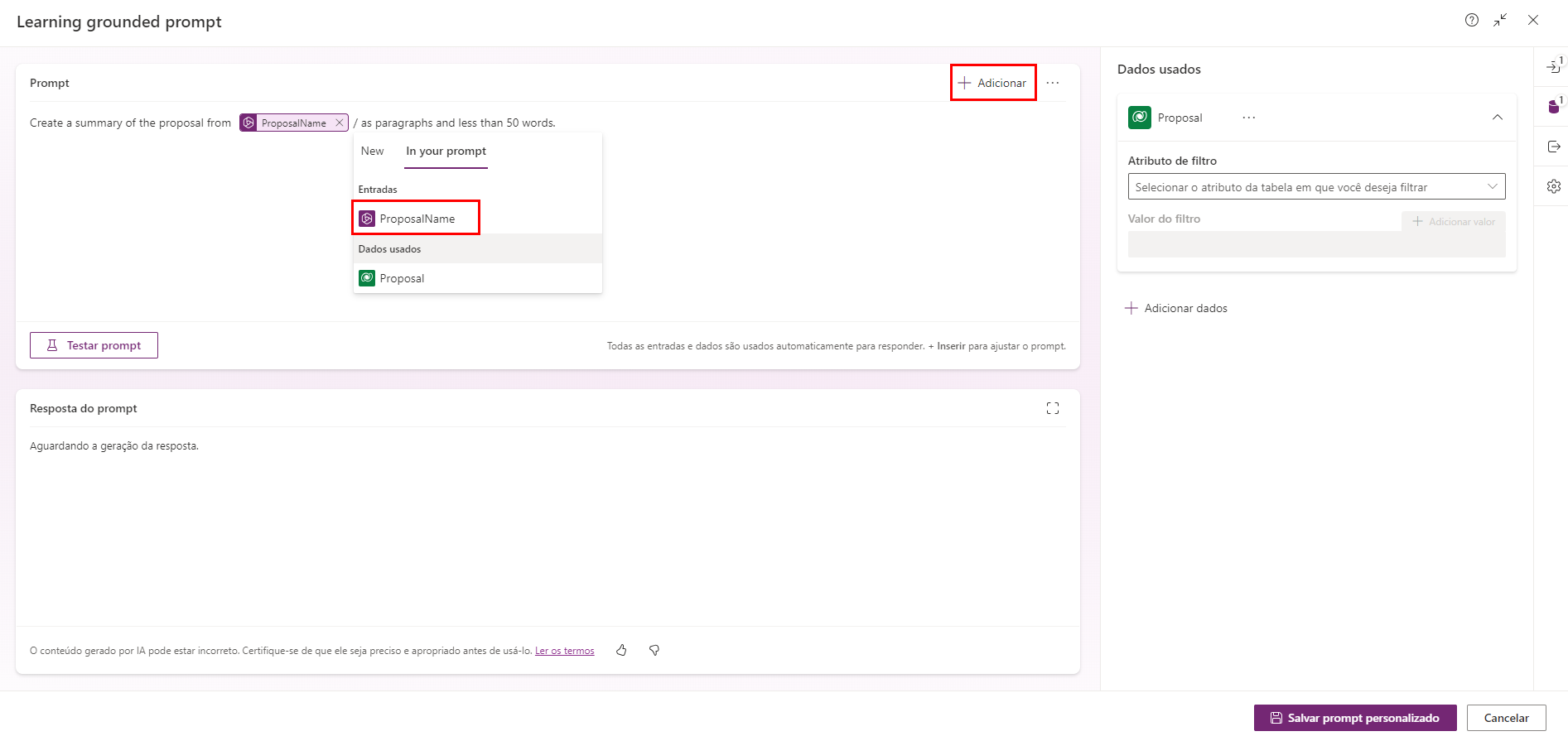 Captura da entrada Inserir nome da proposta.