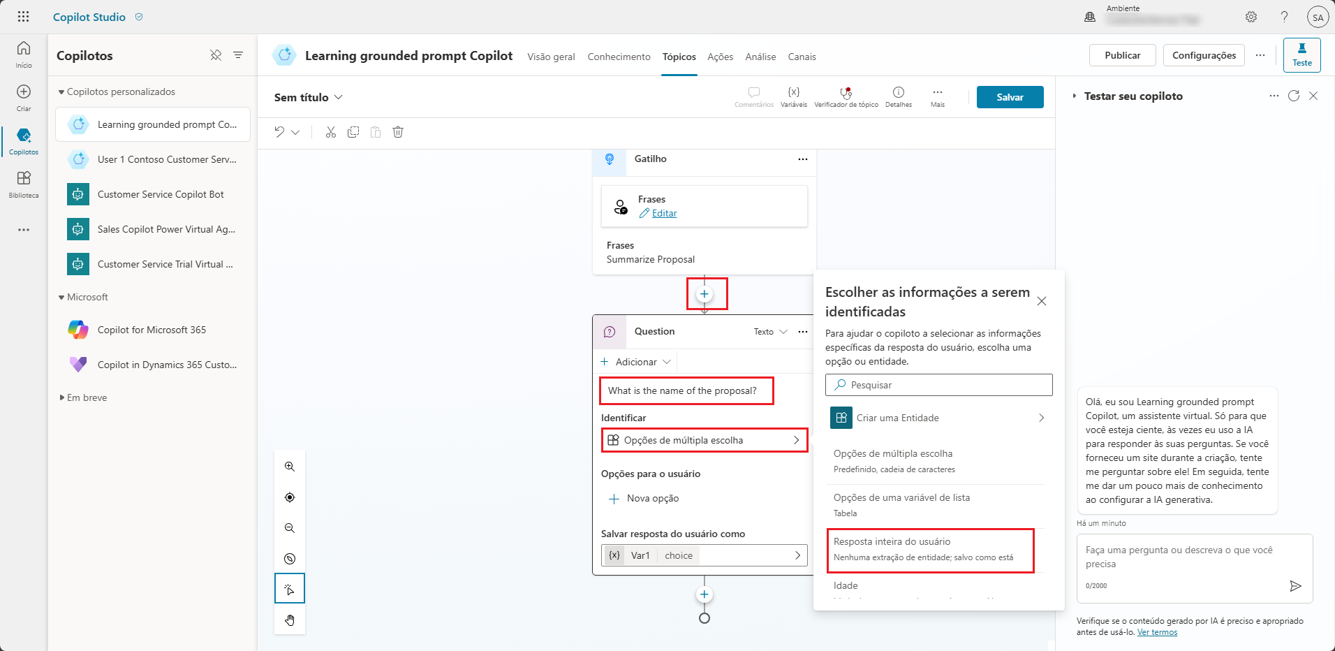 Captura de tela do gatilho Resumir Proposta com a pergunta realçada.