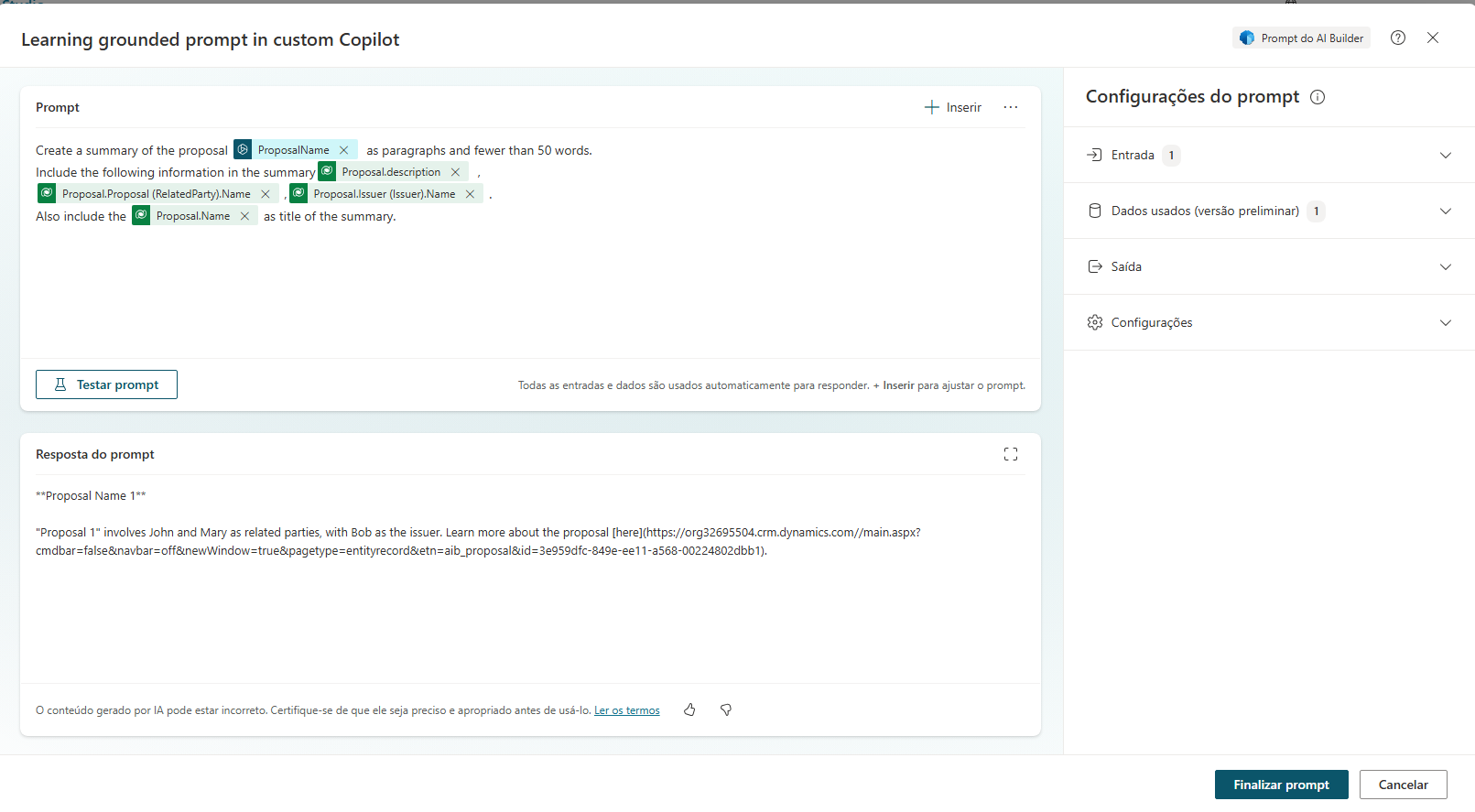 Captura de tela da solicitação do Copilot Studio.