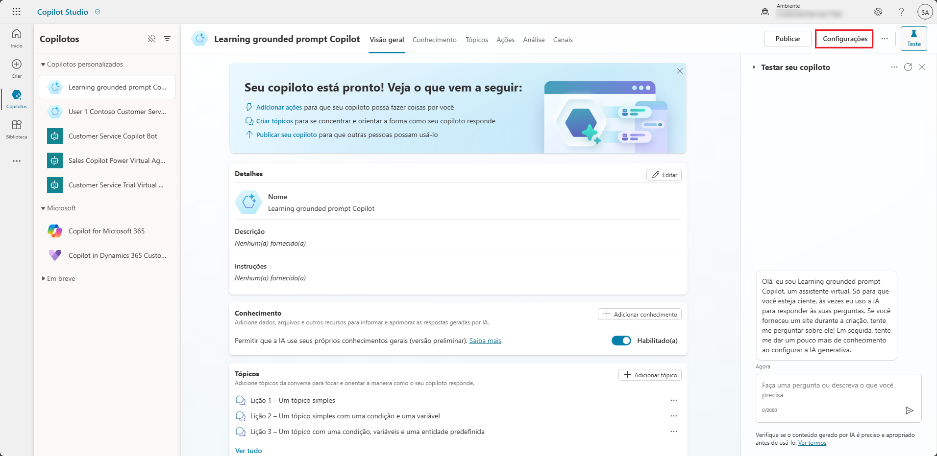 Captura de tela do Copilot Studio com o botão Configurações realçado.